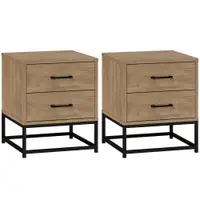 HOMCOM Set de 2 Noptiere cu 2 Sertare din Lemn și Oțel, 40x39.5x48 cm, Lemn Natural | Aosom Romania