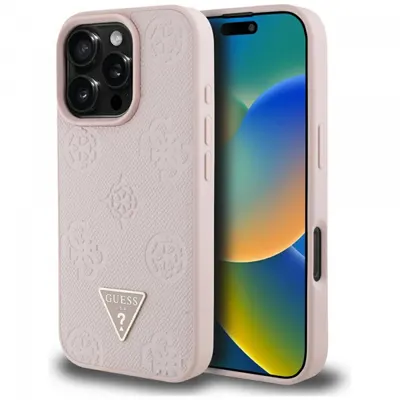 Husa MagSafe pentru Apple iPhone 16 Pro, Guess, Peony Grained Hot Stamp Triangle, Roz