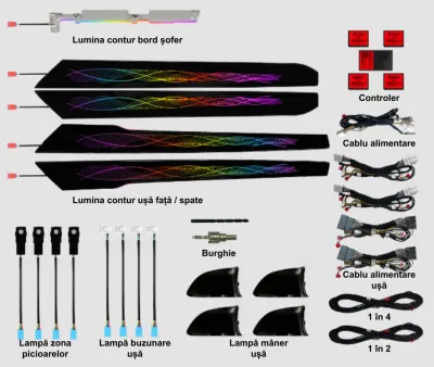 Lumini ambientale dedicate Lexus RX 2015-2022, RGB Acrilice 17 in 1 Dinamice cu efect symphony, Control din Aplicatie Bluetooth