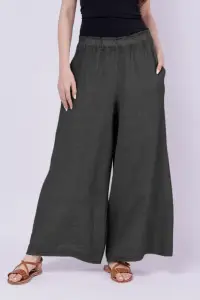 Pantaloni de vara din in largi, gri inchis