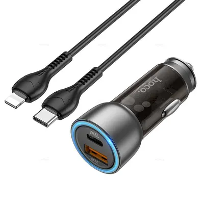 Incarcator Auto Duo Charge Hoco NZ8 + Cablu Lightning, QC 3.0, USB si type-C, Negru Engros