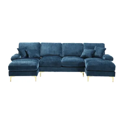 Canapea modulară mare, modernă, în formă de U, din chenille, cu dublu șezlong rabatabil, Albastru
