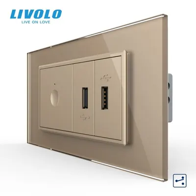 Intrerupator tactil simplu cap scara / cruce + priza dubla USB, 4M, cu rama sticla Auriu