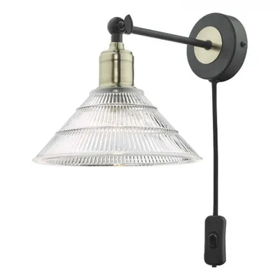 Aplica Boyd Wall Light Antique Brass & Matt Black With Glass Shade - Plug In