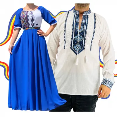Set Cuplu Traditional 346 Camasa Traditionala si Rochie cu motive traditionale