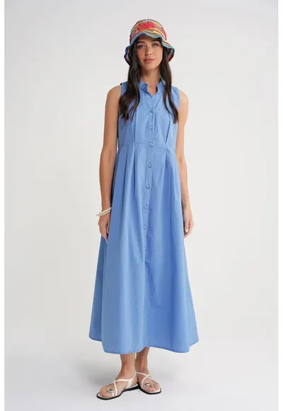 Rochie maxi HiCCUP - guler cu nasturi - albastru - textil