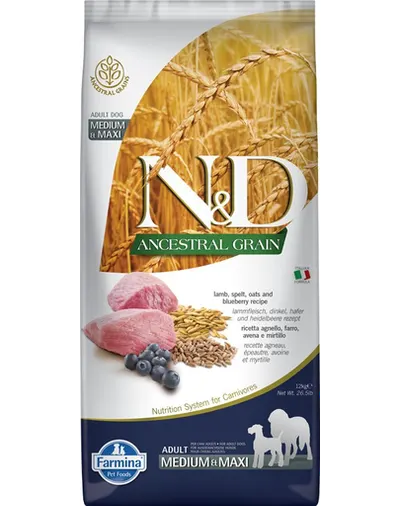 FARMINA N&amp;D Ancestral Grain Adult Medium/Maxi Hrana caini adulti talie medie si mare, cu miel, grau, ovaz, afine 12 kg