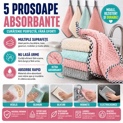Set 5 bucati prosoape absorbante, laveta microfibra, 25x25cm, Multicolor