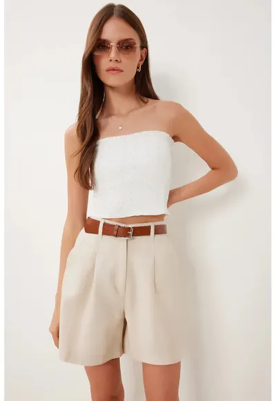 Pantaloni scurti - Happiness Istanbul - talie inalta - cu curea - bej natural - bumbac