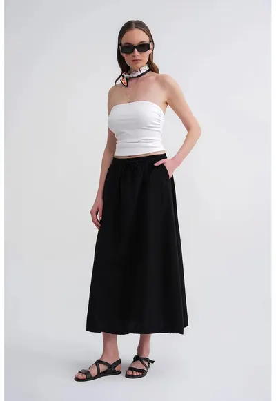 Fusta - talie inalta - detaliu cu snur - negru - textil