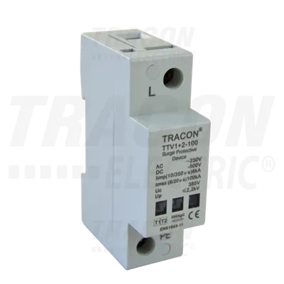 Descarcator de supratensiuni,AC/DC,clasa1+2,unitar cu soclul TTV1+2-100-1P 230 V, 50 Hz, 8 kA (10/350 us) 50/100 kA (8/20 us), 1P
