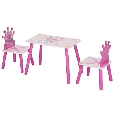 HOMCOM Set Masă și 2 Scaune cu Tematică de Prințese cu Spătare în Formă de Coroană, 55x34x42 cm, Roz | Aosom Romania