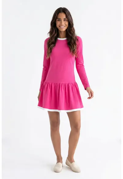 Rochie casual midi cu decolteu rotund - maneca lunga - croiala dreapta - din bumbac - M1379 - Fucsia