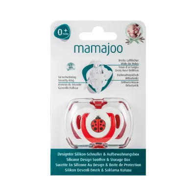mamajoo Suzeta cu design ortodontic din silicon si cutie de depozitare, Buburuza & cutie rosie 0m+, 1 buc