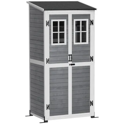 Outsunny Magazie pentru depozitare în grădină, magazie pentru unelte cu 2 ferestre, țăruși pentru ancorare, acoperiș din asfalt, 91 x 69 x 192 cm, lemn de brad, Gri deschis | Aosom Romania
