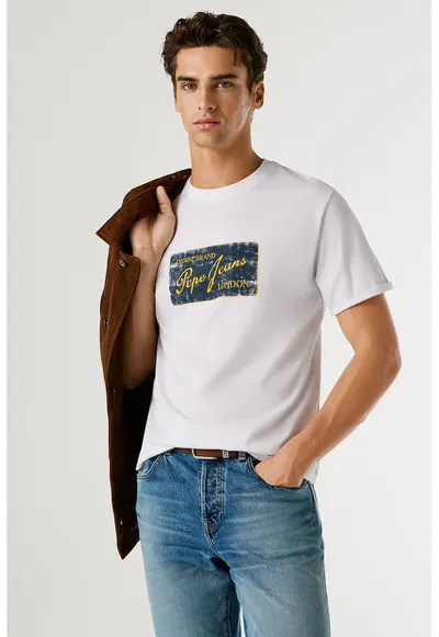 Tricou cu imprimeu logo Suen - Alb/Albastru oceanic/Galben miere