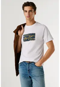 Tricou cu imprimeu logo Suen - Alb/Albastru oceanic/Galben miere