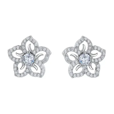 Cercei argint 925, JW806, model floare zirconiu alb, placati cu rodiu