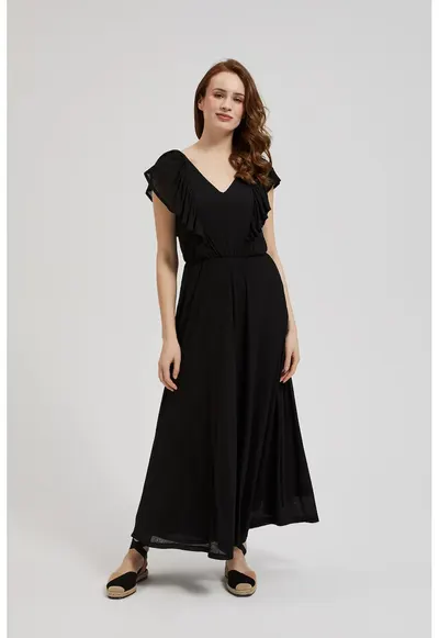 Rochie Maxi Neagra cu Volane - Negru