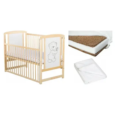 Set Patut din lemn bebe Babyneeds, Timmi cu laterala culisanta, 120x60 cm, Natur + Saltea patut bebe, Cocos Confort II, Cu fibre de cocos si strat de burete, 120x60x8 cm + Protectie impermeabila, Pentru patuturi 120x60 cm, Alb