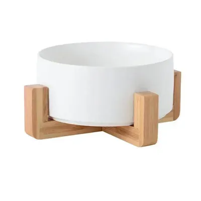 Bol ceramic pentru pisici, cu suport de lemn, alb, 12.8 cm