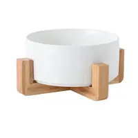 Bol ceramic pentru pisici, cu suport de lemn, alb, 12.8 cm