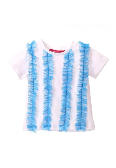 Tricou de bumbac cu volane din tul - Alb/Albastru