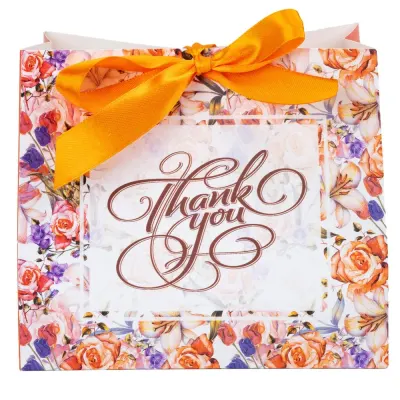 Pungă dreptunghiulară din hârtie Thank you cu model floral și panglică - portocaliu (set 12 buc) - 16x14x7cm - Default Title