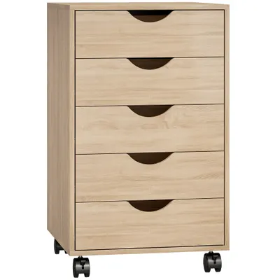 HOMCOM Sertarieră birou cu roți și 5 sertare, arhivor mobil, pentru birou, living 40x40x67 cm Stejar | Aosom Romania