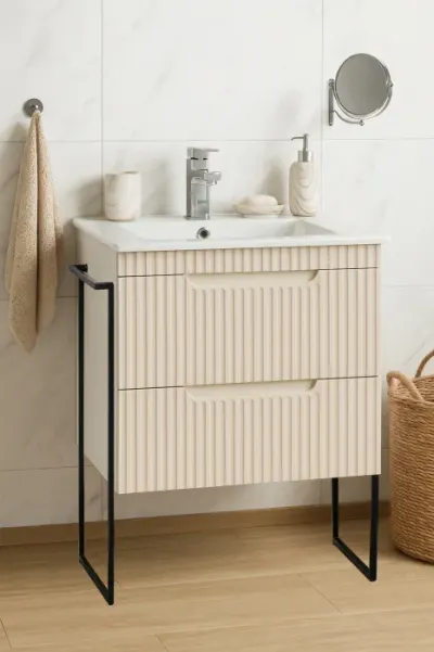 Set Baza front MDF si Lavoar seria 033, cadru metalic, sertare, montata, 60 cm, crem