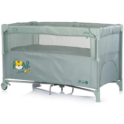 Patut pliabil Chipolino Relax Tiger Matcha cu laterala culisanta, 2 nivele, intrare laterala, geanta pentru transport, greutate admisa 15 kg