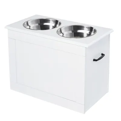 PawHut Boluri Ridicate pentru Câini Mari, Suport pentru Boluri din MDF cu 2 Boluri din Oțel Inoxidabil, 60x30x41 cm, Alb | Aosom Romania