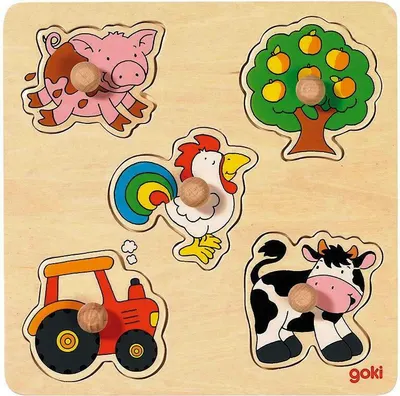 Puzzle din lemn pentru copii cu mânere Goki - Farm