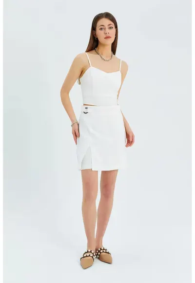 Fusta mini cu slit - ivory - textil
