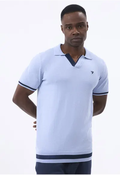 Tricou polo tricotat fin - Albastru deschis/Bleumarin