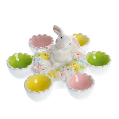 Suport decorativ din ceramica pentru sase oua cu iepuras 21 cm