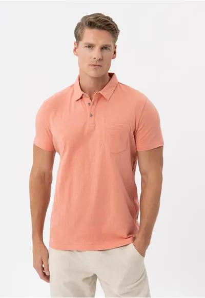 Tricou polo barbati din bumbac - cu buzunar pe piept - uni - Regular Fit - o-Chili - piersica - Piersica