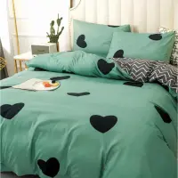 Lenjerie pat dublu cu Elastic, bumbac satinat, Verde, inimioare
