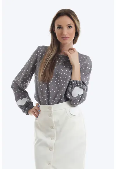 Bluza din viscoza cu imprimeu cu inimi - Alb/Gri
