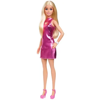 Papusa Barbie Fashionista cu rochie roz metalica