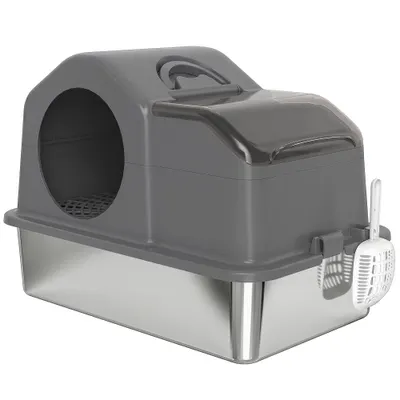 PawHut Litieră Pisici XL Închisă din Oțel Inoxidabil cu Capac, Paletă și Covoraș Colector Nisip, Gri Închis | Aosom Romania
