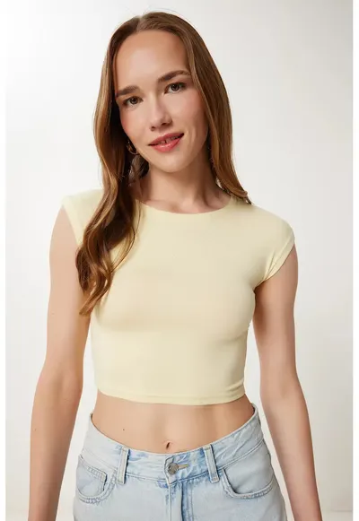 Tricou dama - Happiness Istanbul - crop - slim fit - galben - viscoza