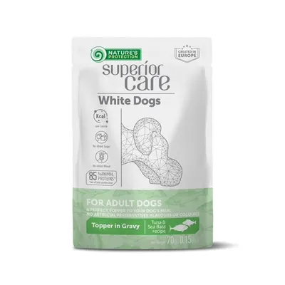 Gustari pentru caini adulti cu blana alba, Nature's Protection, ton si biban, 70 g