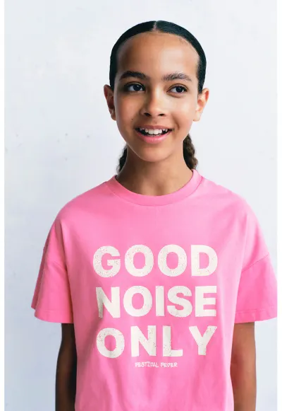 Tricou lejer de bumbac cu imprimeu text - Roz