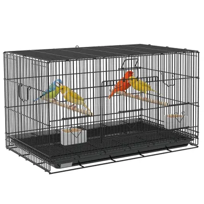PawHut Colivie pentru Păsări 77x46x45 cm Colivie Metalică pentru Păsări cu Tavă Detașabilă 2 Bețe 2 Recipiente 2 Bețe Negru | Aosom Romania