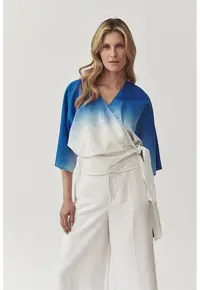 Bluza petrecuta din amestec de in cu aspect in degrade Salwadora - Alb/Albastru royal