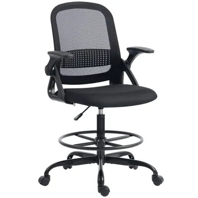HOMCOM Scaun de Birou Ergonomic, Scaun Rotativ din Plasă, Înălțime Reglabilă și Suport pentru Picioare, Scaun de Birou cu Suport Lombar și Brațe Rabatabile, Capacitate 120kg, Negru | Aosom Romania