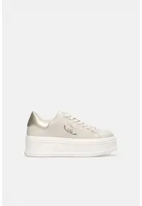 Pantofi sport flatform de piele cu monograma metalica - Auriu/Bej deschis