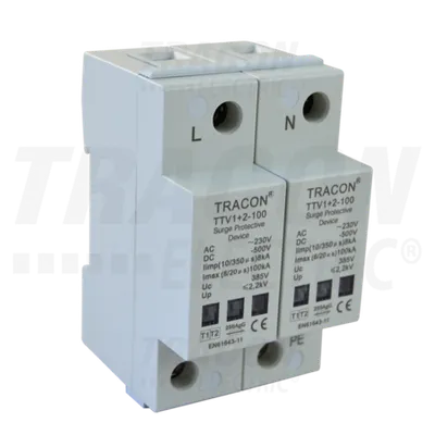 Descarcator de supratensiuni,AC/DC,clasa1+2,unitar cu soclul TTV1+2-100-2P 230/400 V, 50 Hz, 8 kA (10/350 us) 50/100 kA (8/20 us),2P