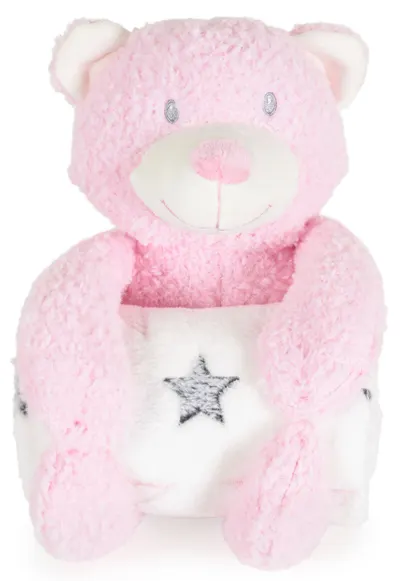 Pătură pentru copii cu jucărie moale Cangaroo - Rory Bear, 90 х 75 cm, roz